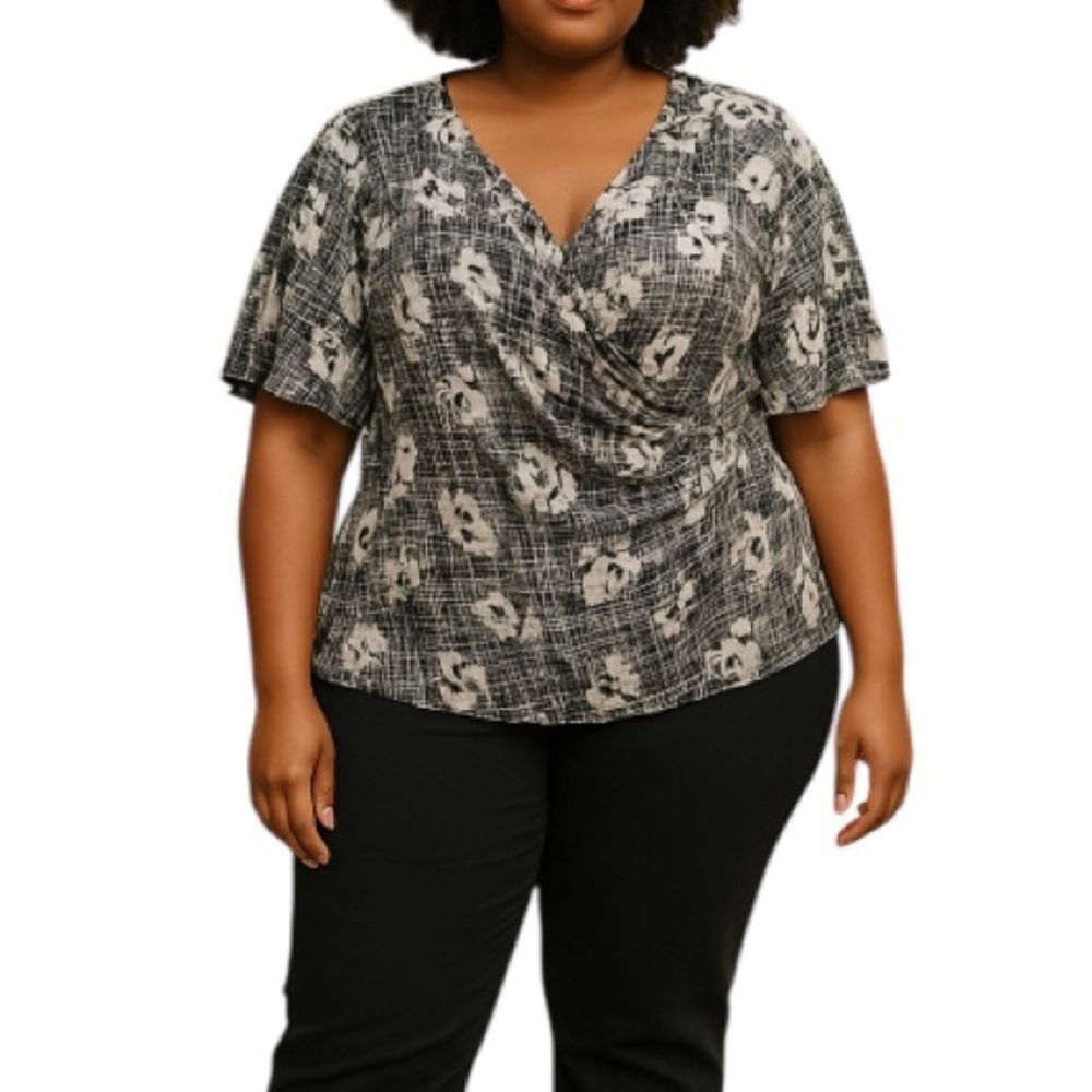 SUSAN LAWRENCE Printed Surplice Pullover Top Black White Half Sleeve Stretch 2X